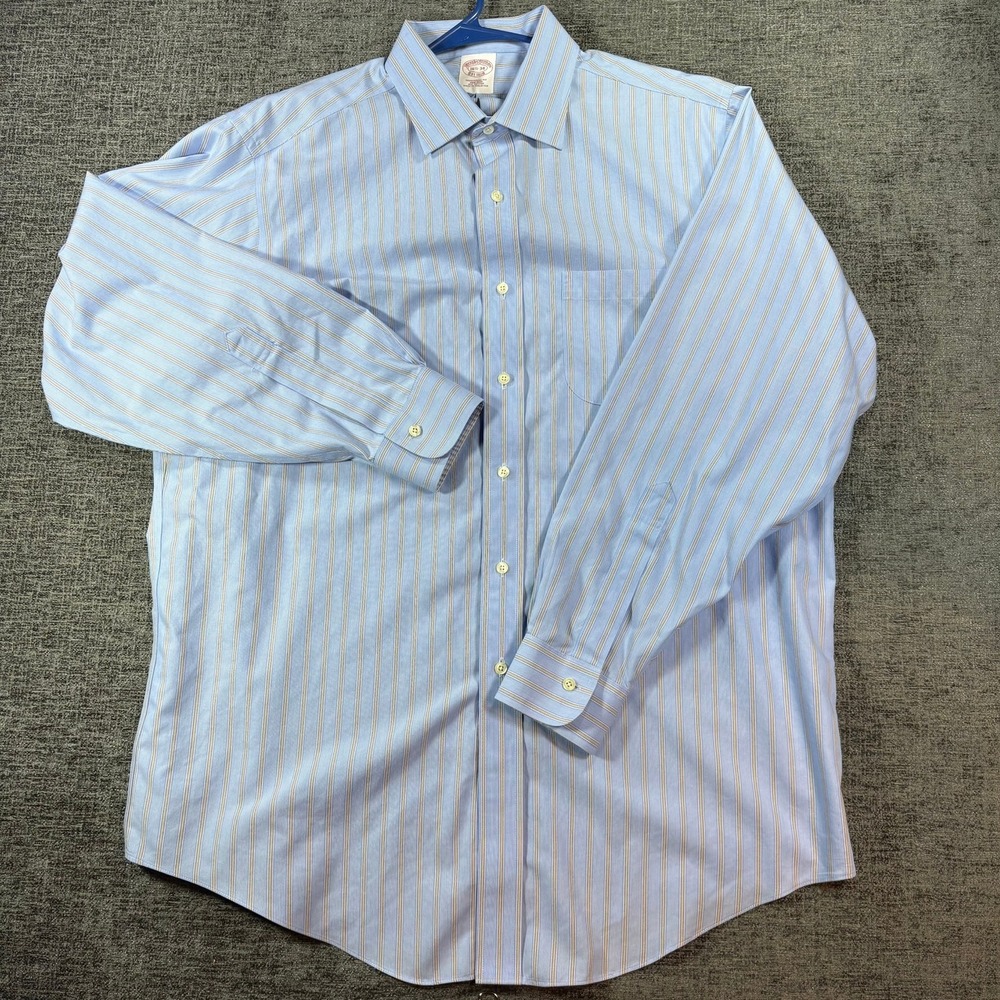 Brooks Brothers Button Down Shirt Mens 16.5-34 Blue Striped Non-Iron Cotton